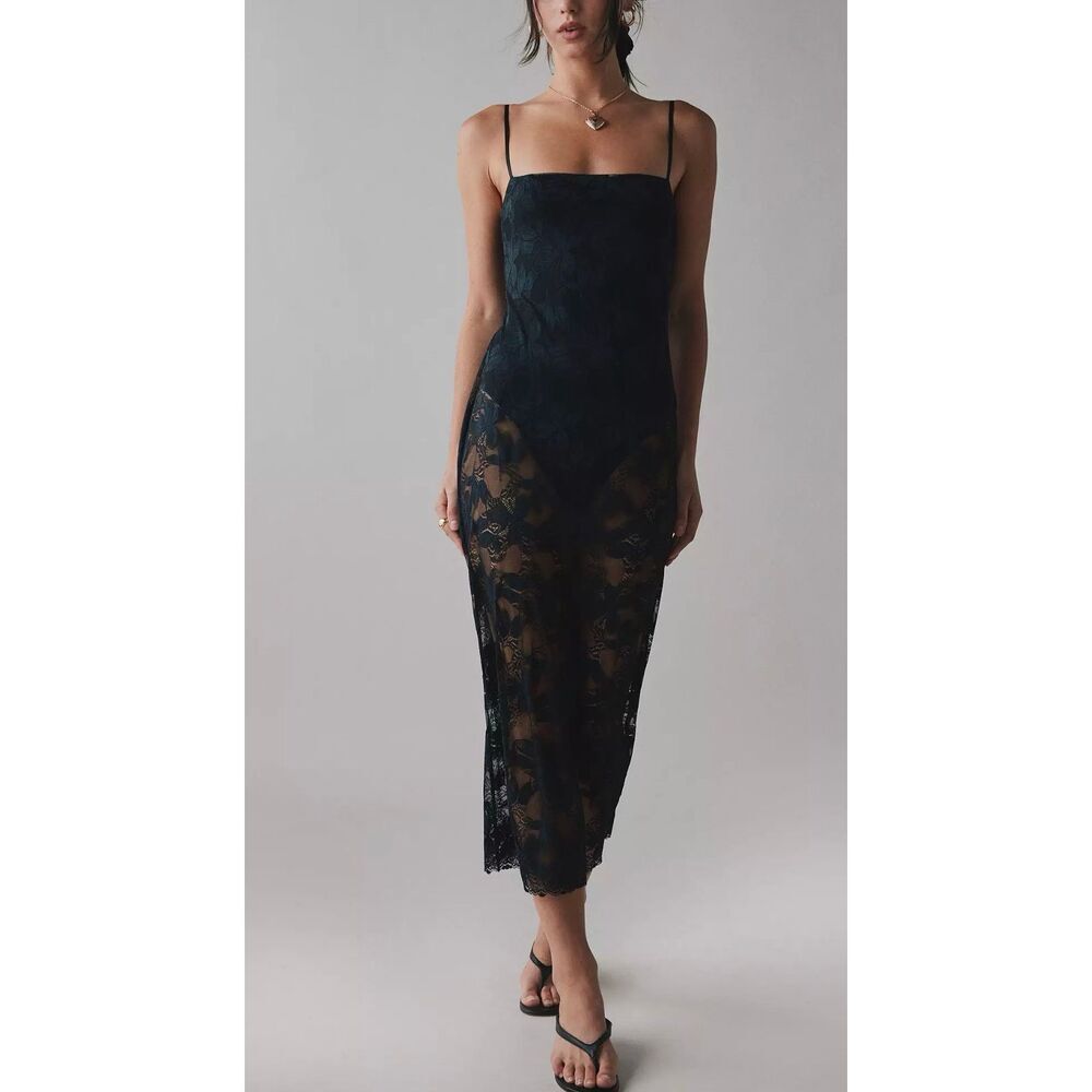 NWT AFRM Marsaille Sheer Floral Lace Spaghetti Strap Black Midi Dress Women's S